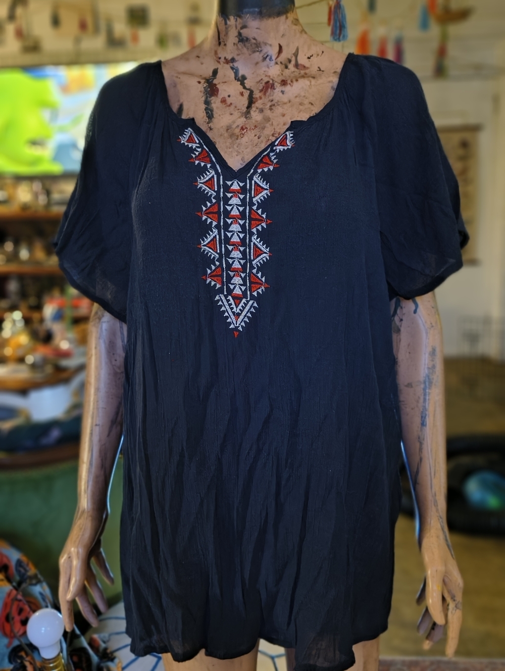 Carolyn Taylor Deep Blue Tunic with Red & White Embroidered V-Neck